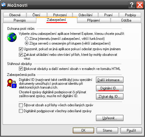 Instalace certifikátu MS Outlook express obr. č.1