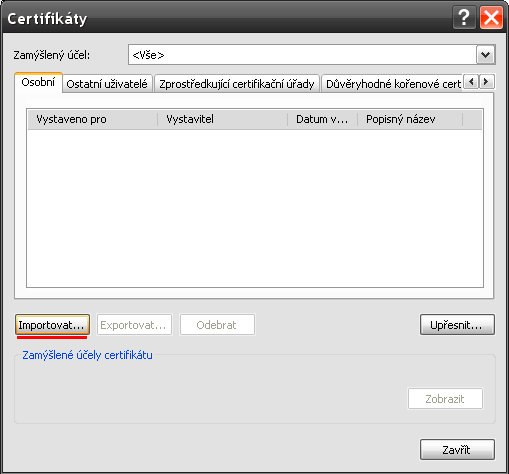 Instalace certifikátu (okno před spuštěním průvodce)