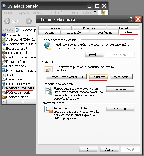 Instalace certifikátu MS Windows XP ovládací panely obr. č.1