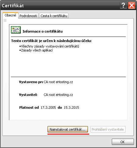 Nainstalovat certifikát z IE