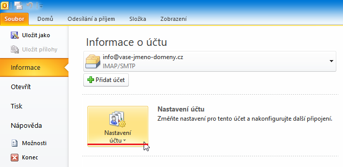 Kontrola nastavení: Microoft Outlook 2010 krok č.3