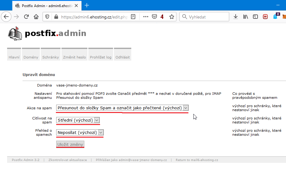 Nastavení antispamu domény: Administrace krok č.4