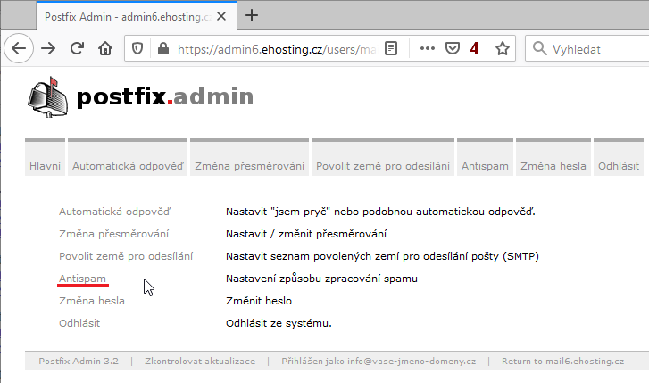 Nastavení antispamu: Administrace krok č.3