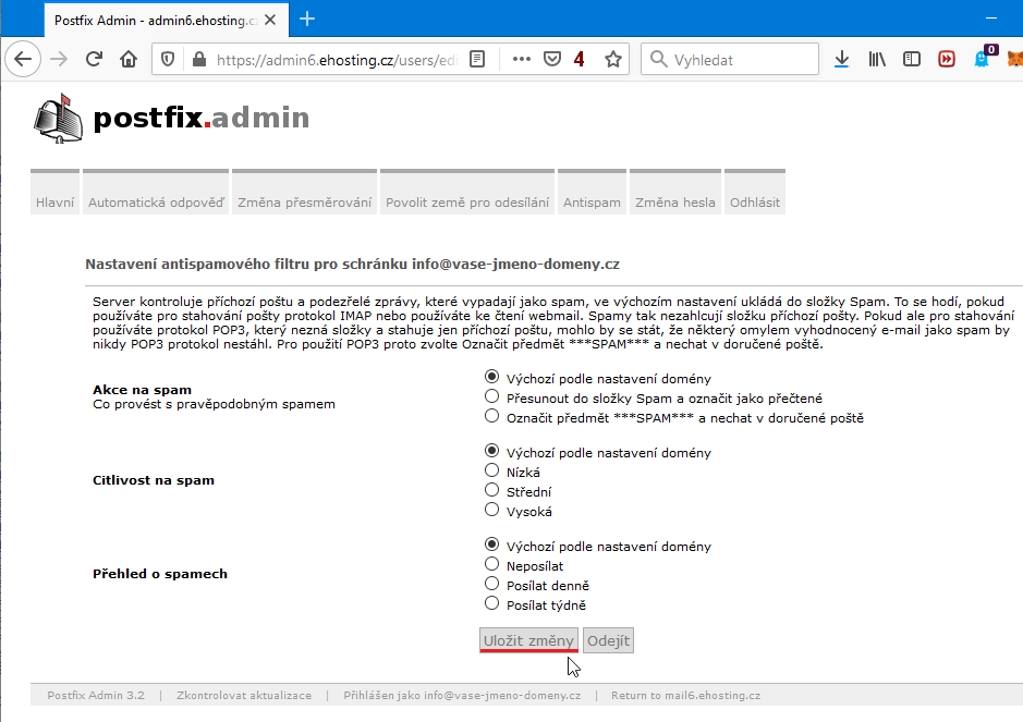 Nastavení antispamu: Administrace krok č.4