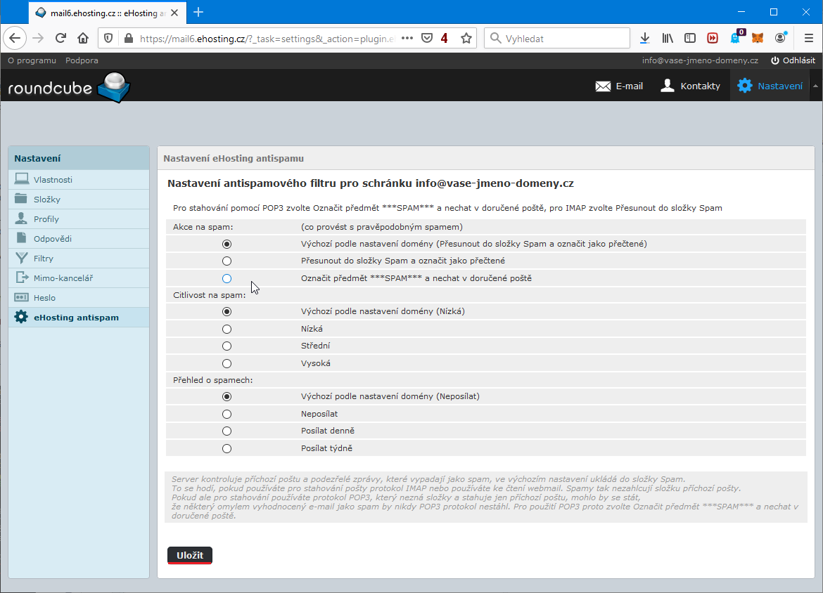 Nastavení antispamu: Webmail krok č.4