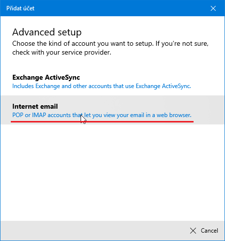 Nastavení: Windows 10 Mail krok č.3