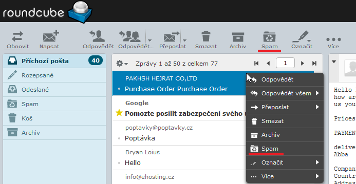 Učení antispamu - webmail