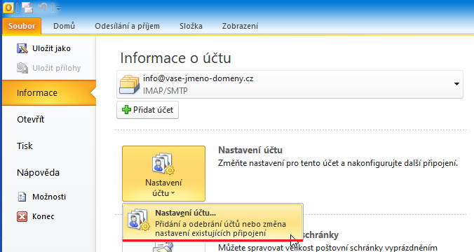 Změna INBOX: Microoft Outlook 2010 krok č.4