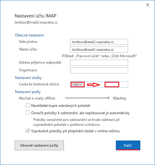 Změna INBOX: Microoft Outlook 2019 krok č.4